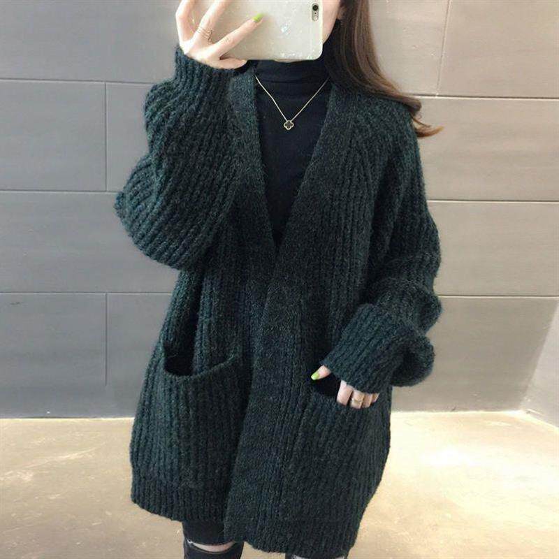 [有扣/无扣]秋季中长款宽松针织开衫毛衣外套女新款大口袋慵懒风