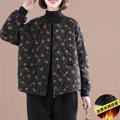 秋冬新款韩版宽松大码胖妈妈复古休闲洋气夹棉加厚印花棉衣女同款