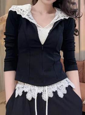休闲风极简风淑女假两件开衫卫衣拼接蕾丝短款轻职风打底时尚套装