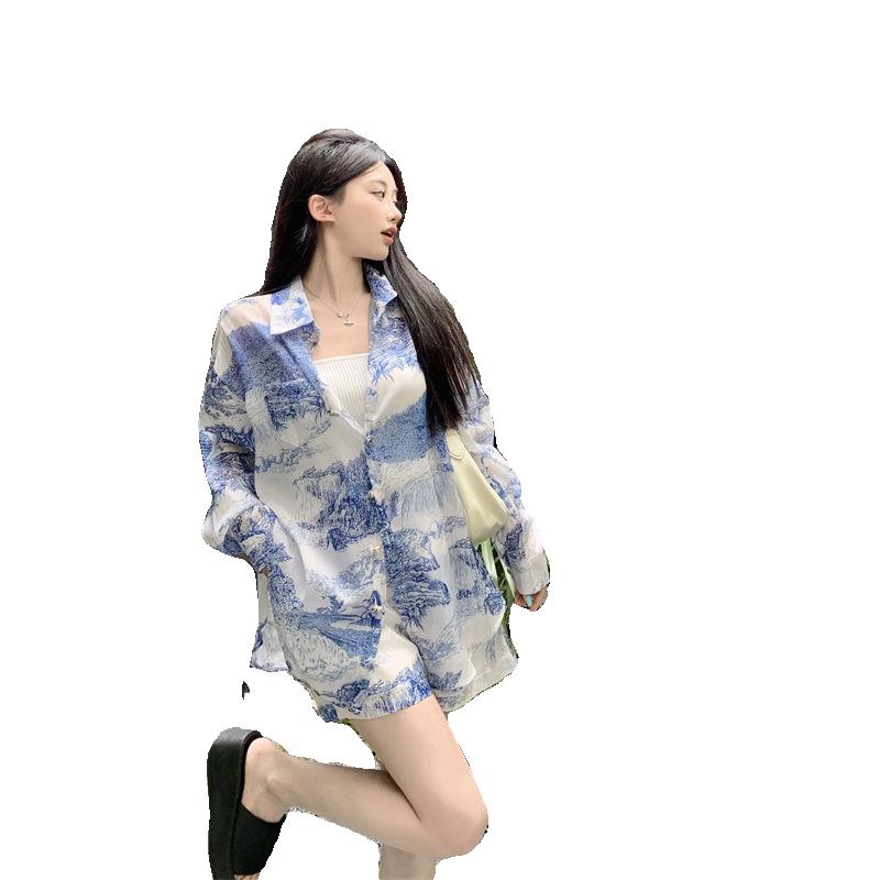 茶里茶气套装女沙滩防晒衬衫高腰短裤2024新款时尚甜美风三件套夏