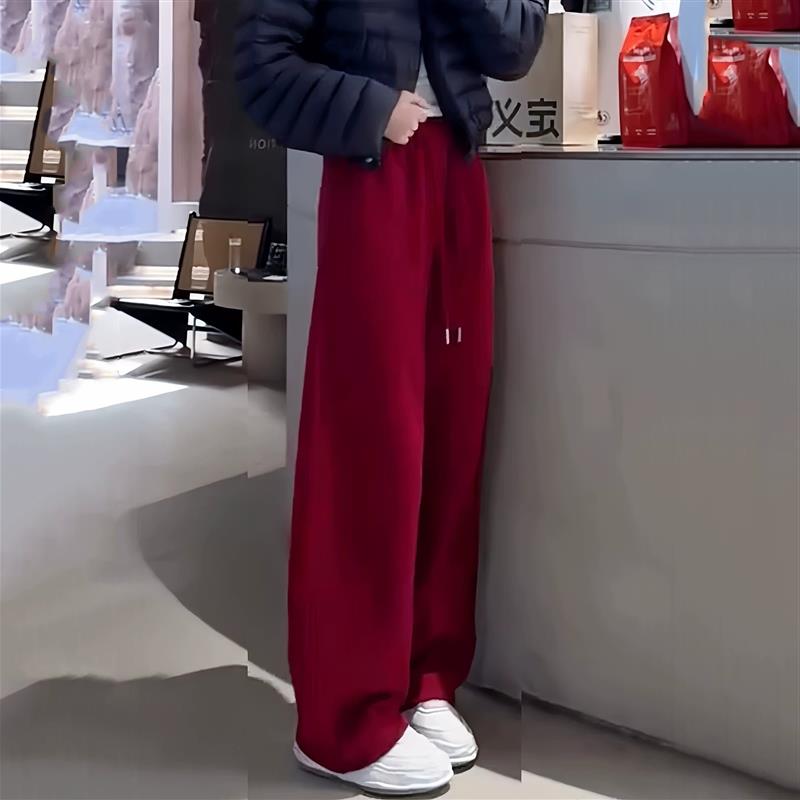 加绒红色卫裤子女冬季2026新款今年流行的爆款超火好看直筒阔腿裤