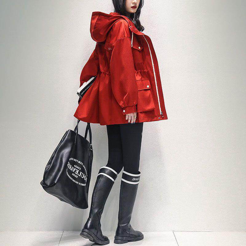 2024秋装新款韩版红色风衣女中长款收腰显瘦连帽时尚休闲百搭外套