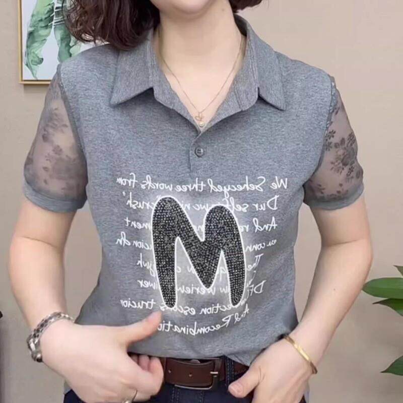 灰色Polo领短袖T恤女2025夏季新款拼接设计感洋气百搭大码上衣潮