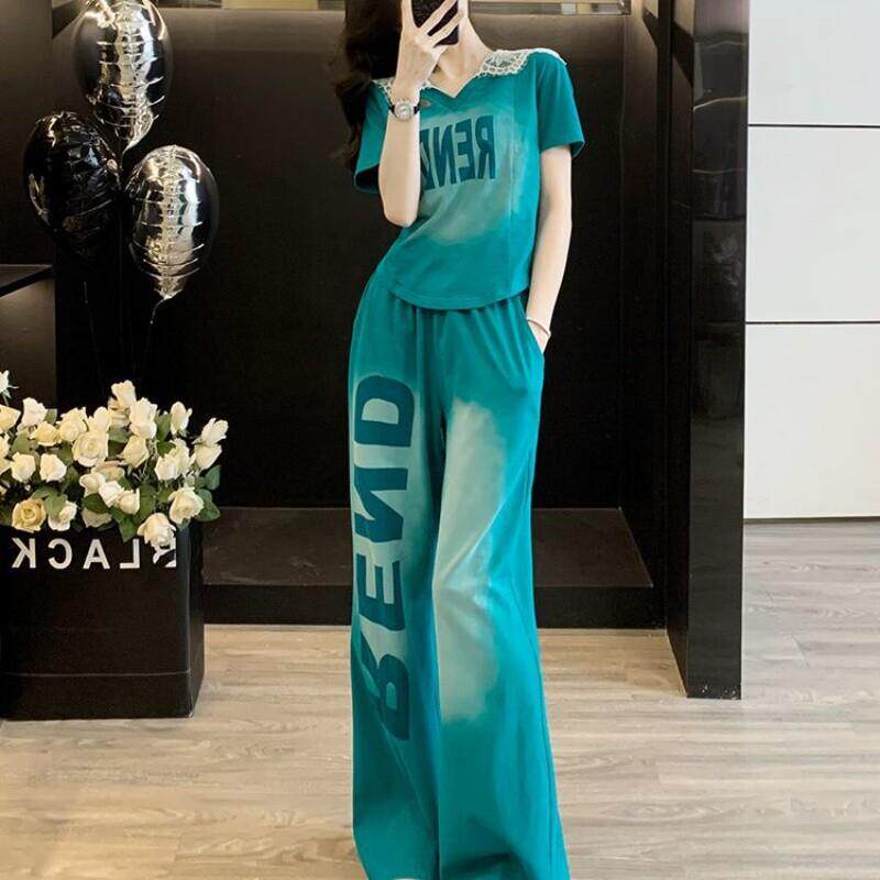 韩系运动休闲套装女夏季显瘦减龄高级感蕾丝连帽短袖阔腿裤两件套