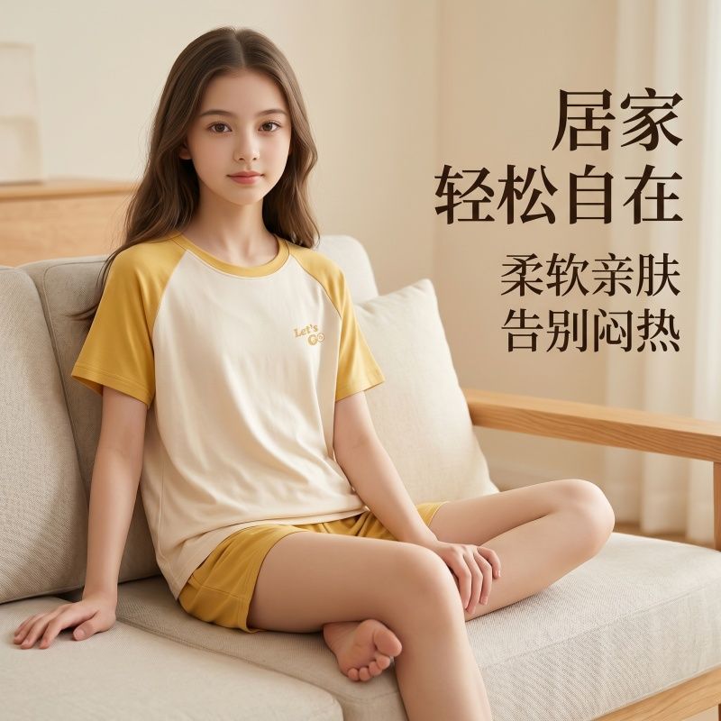 男女童睡衣套装夏季薄款短袖短裤莱赛尔家居服中大童天丝儿童睡衣