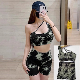 欧美无缝健身套装 女瑜伽服高腰提臀撸铁单肩扎染运动文胸跑步短裤