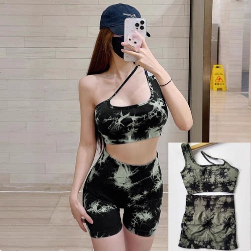 欧美无缝健身套装女瑜伽服高腰提臀撸铁单肩扎染运动文胸跑步短裤