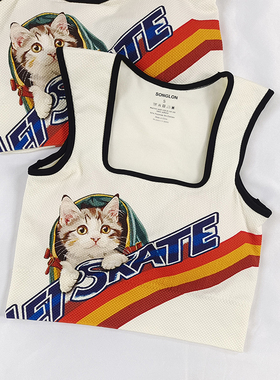 黑色口袋猫-高尔夫圆点防震运动背心一体杯跑步训练瑜伽健身服夏