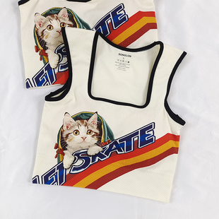 黑色口袋猫 高尔夫圆点防震运动背心一体杯跑步训练瑜伽健身服夏