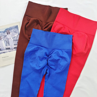 女高腰弹力 螺纹加厚健身裤 蜜桃提臀无缝跑步运动裤 秋冬瑜伽九分裤