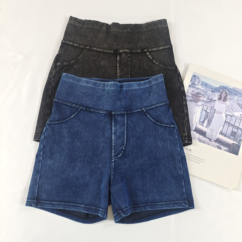 紧身高腰提臀牛仔健身裤三分短裤