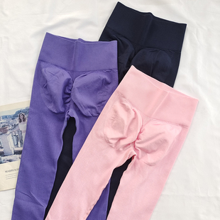 秋冬 女高腰弹力蜜桃提臀无缝跑步运动裤 瑜伽九分裤 螺纹加厚健身裤