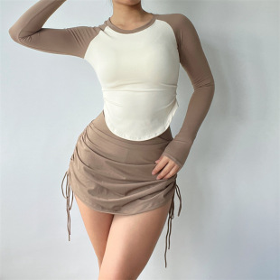 t恤女秋季 插肩袖 长袖 复古拼色修身 设计感撞色上衣瑜伽服速干 美式