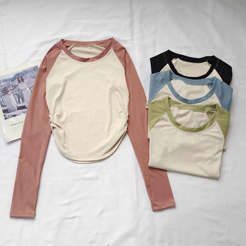 春秋款女瑜伽服速干撞色T恤长袖