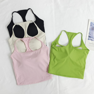 一体固定杯运动背心女方领普拉提跑步训练健身防震瑜伽服文胸上衣