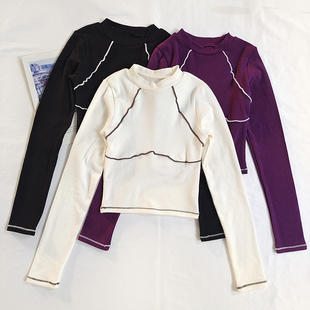 撞色显瘦瑜伽长袖 女巨软糯保暖健身上衣速干紧身训练运动服