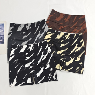 高腰无缝蜜桃臀短裤 辣妹 女透气花纹扎染紧身深蹲训练健身三分短裤