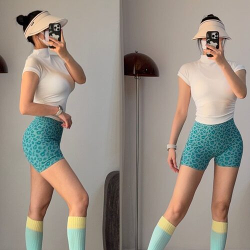 豹纹蜜桃臀三分女高腰提臀健身紧身训练瑜伽服弹力运动短裤夏