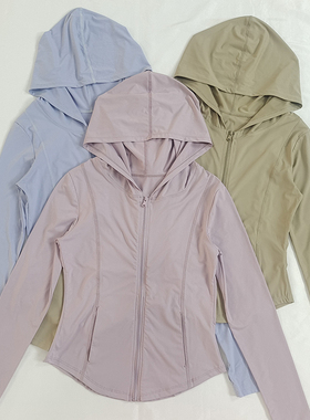 裸感连帽瑜伽服外套女拉链速干跑步健身服户外防晒显瘦运动长袖