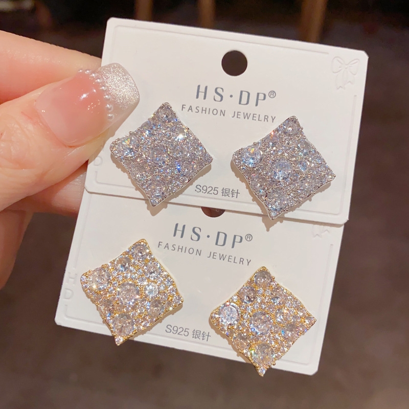 925银针锆石菱形大耳环耳钉女