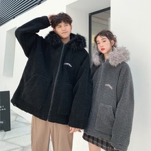 冬季情侣装大毛领羊羔绒棉衣男女韩版bf宽松保暖棉服加厚连帽外套