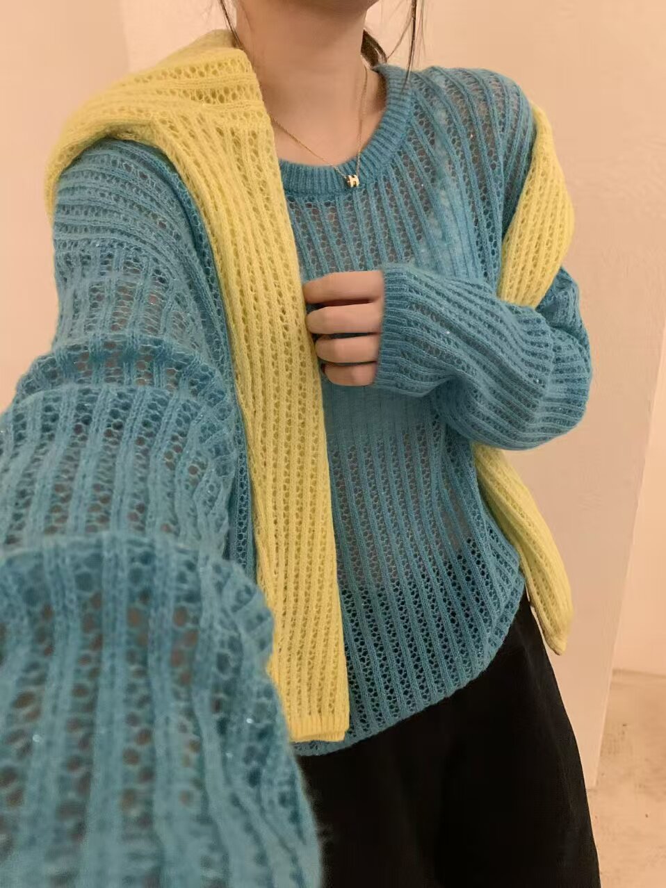 韩系简约镂空圆领糖果色宽松慵懒百搭显瘦软糯针织衫女上衣3337