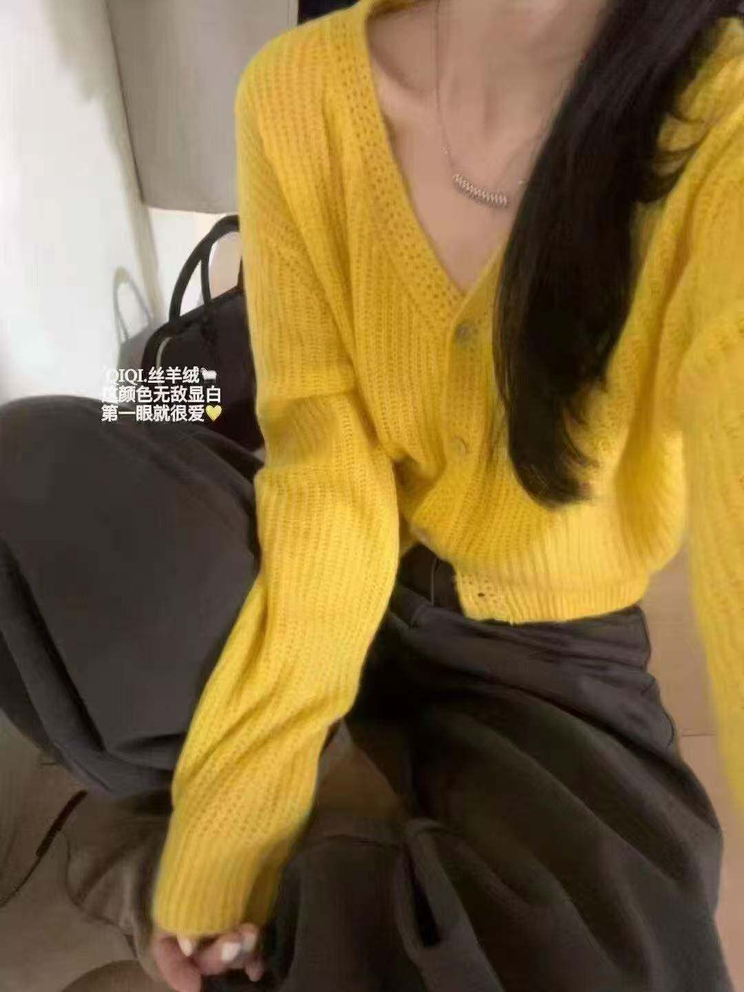 韩系洋气气质春季V领纯色简约百搭显瘦细羊毛针织开衫女上衣7129