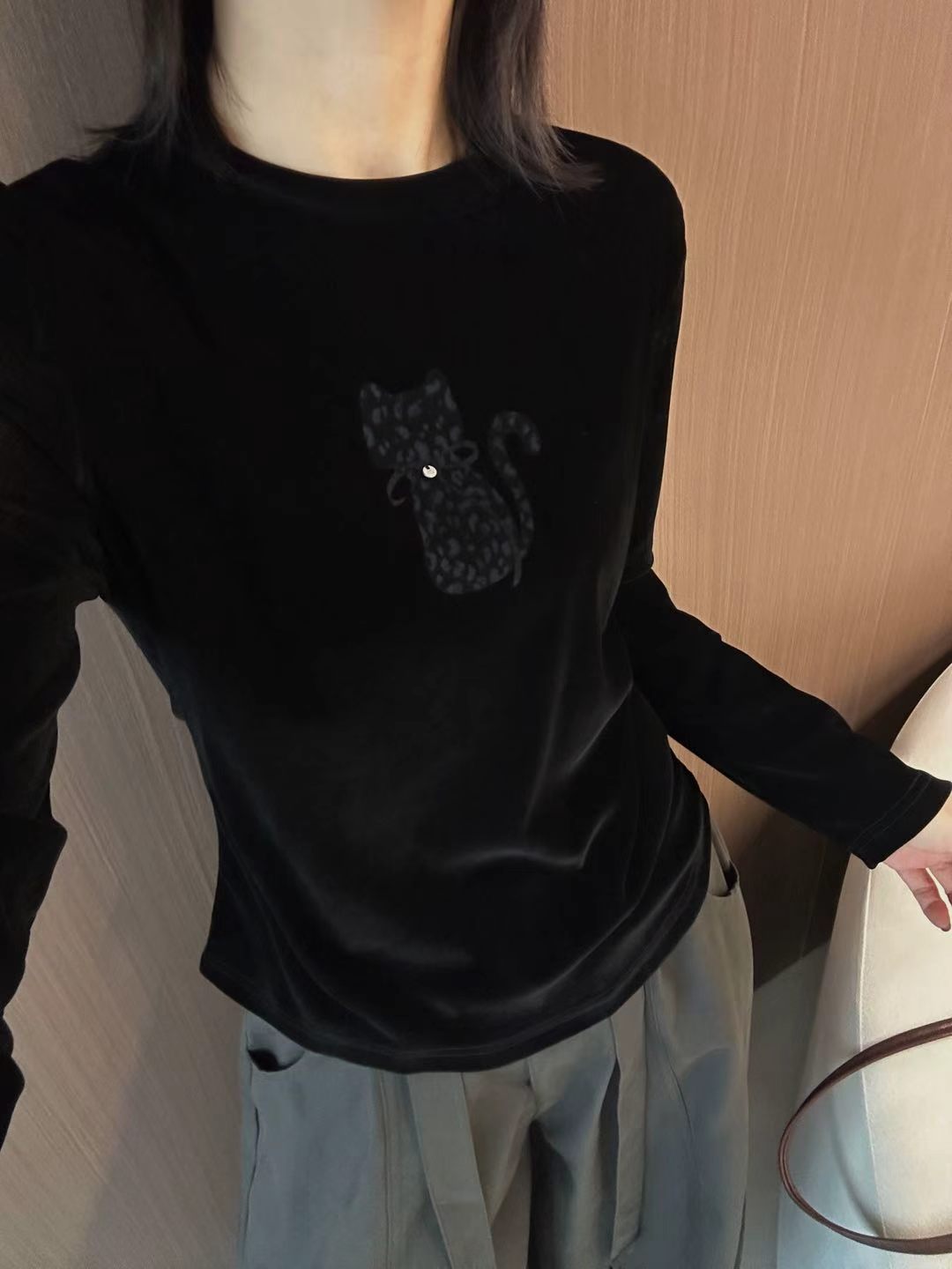 HMY秋季款韩范印花卡通猫显瘦弹力百搭丝绒长袖T恤衫上衣女32816