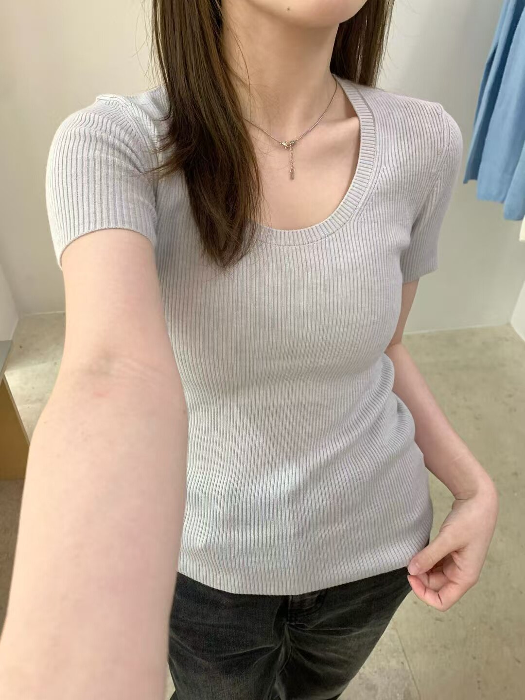 韩系春款U领短袖针织衫女简约纯色修身显瘦细羊毛针织衫9830