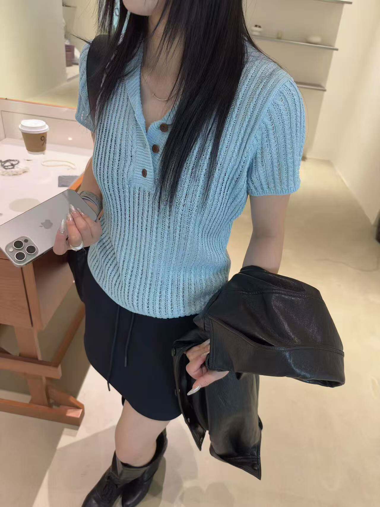 2026早春新款韩版宽松显瘦翻领天丝亚麻短袖针织衫女毛衣女上衣女