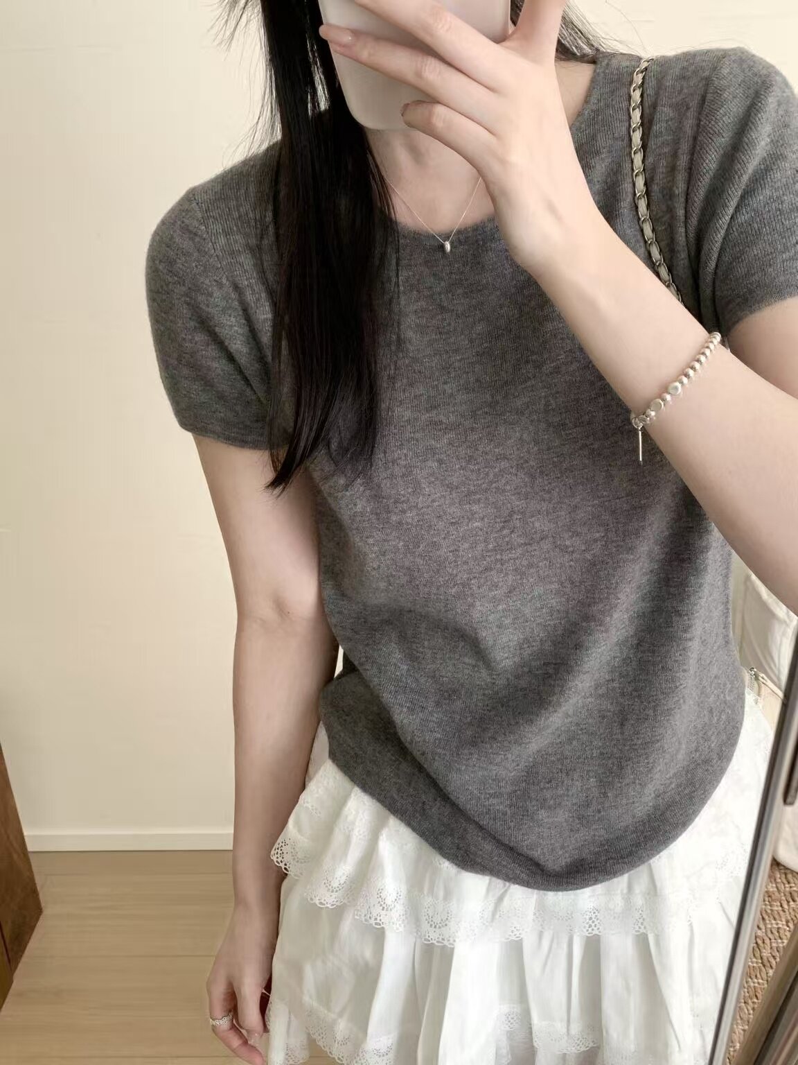 韩系简约基础款圆领修身显瘦百搭100%美丽诺羊毛短袖针织衫1223