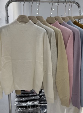 高支无缝一体全羊毛6666韩范简约基础款半高领打底衫宽松软糯毛衣