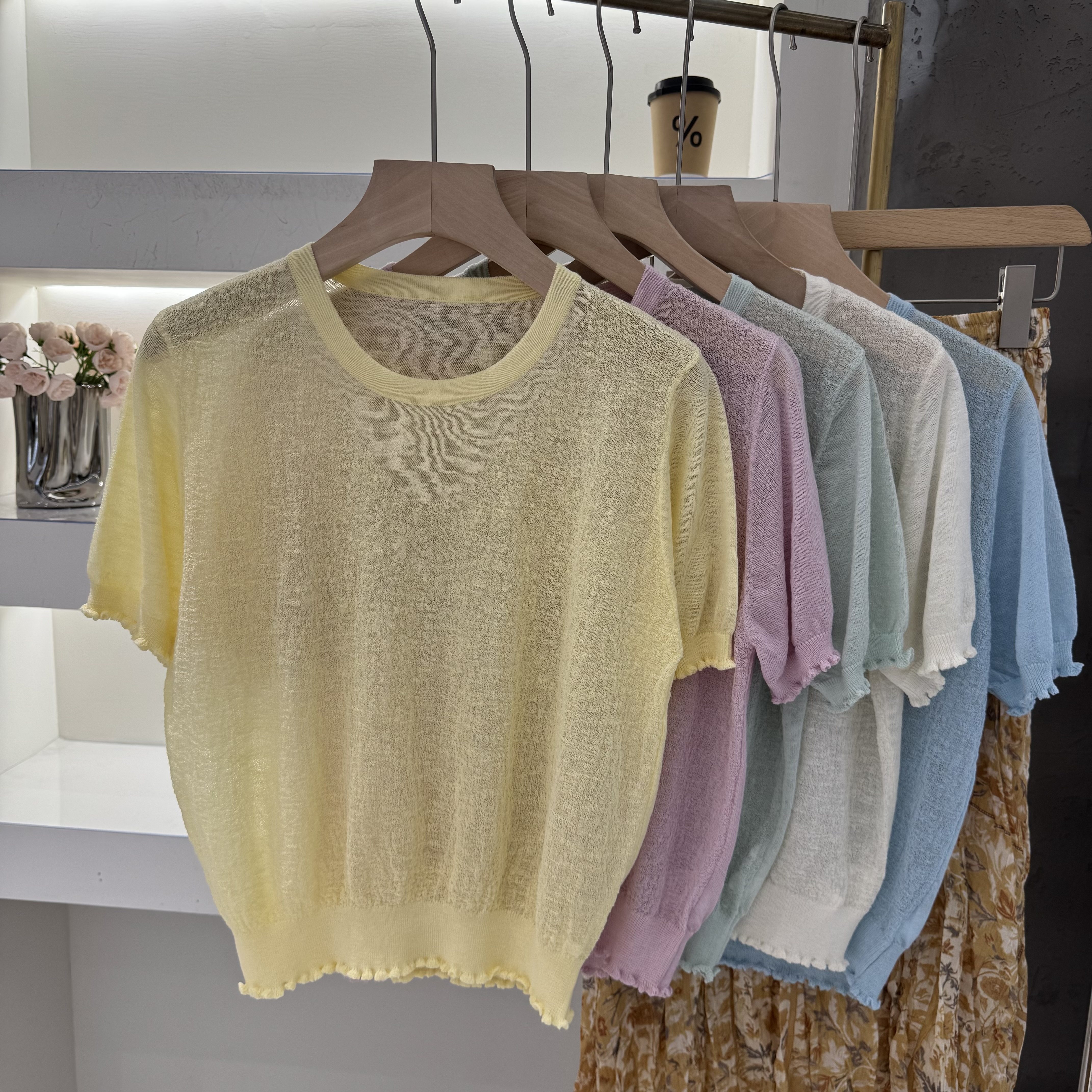 云朵亚麻夏季超薄凉感透气舒适圆领纯色简约短款百搭针织衫T恤