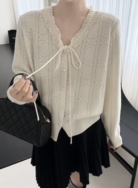 韩系61122温柔风系蝴蝶结珍珠扣针织开衫女早春洋气百搭蕾丝上衣