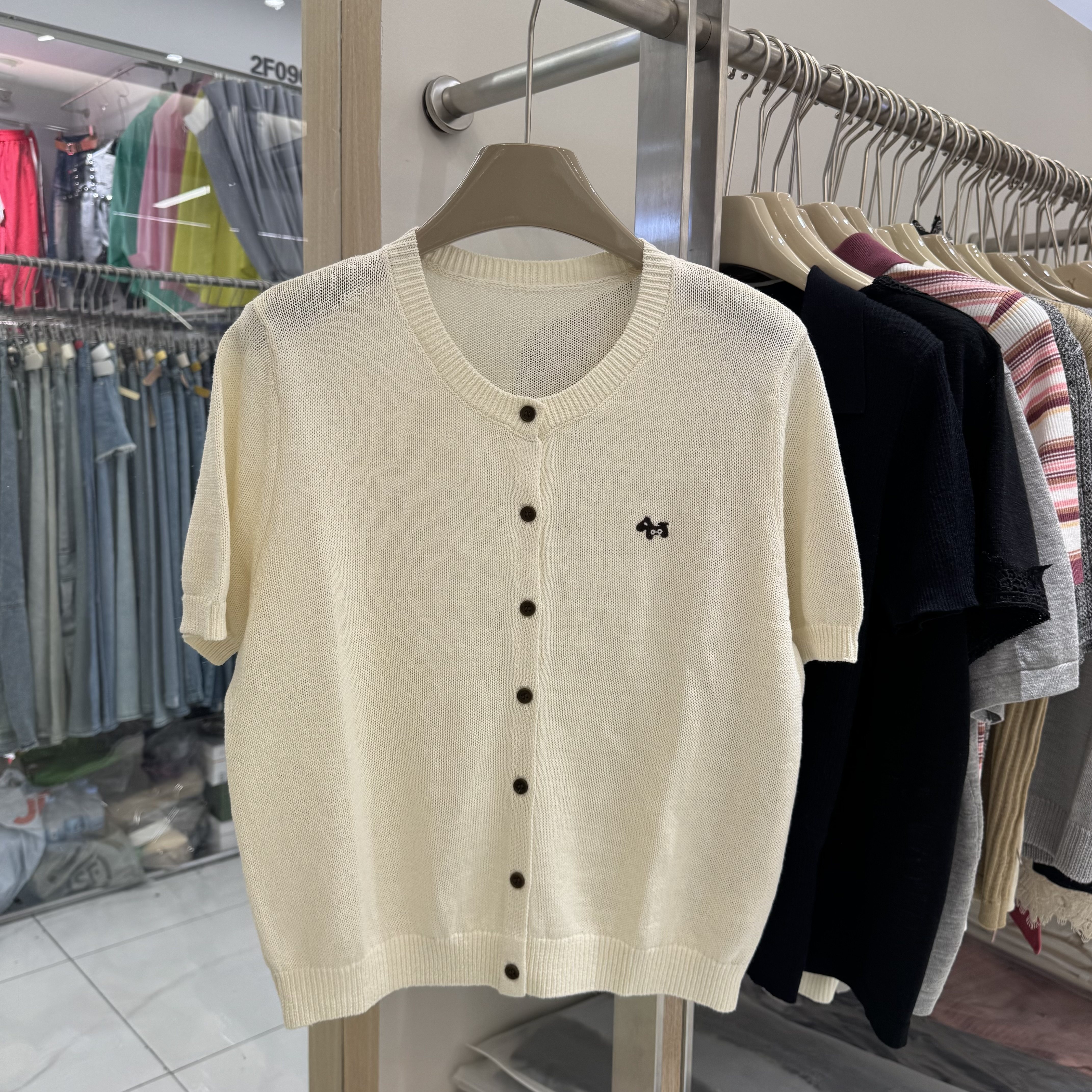 5350正版高端和纸纱短袖单排扣圆领针织开衫女简约休闲百搭上衣潮