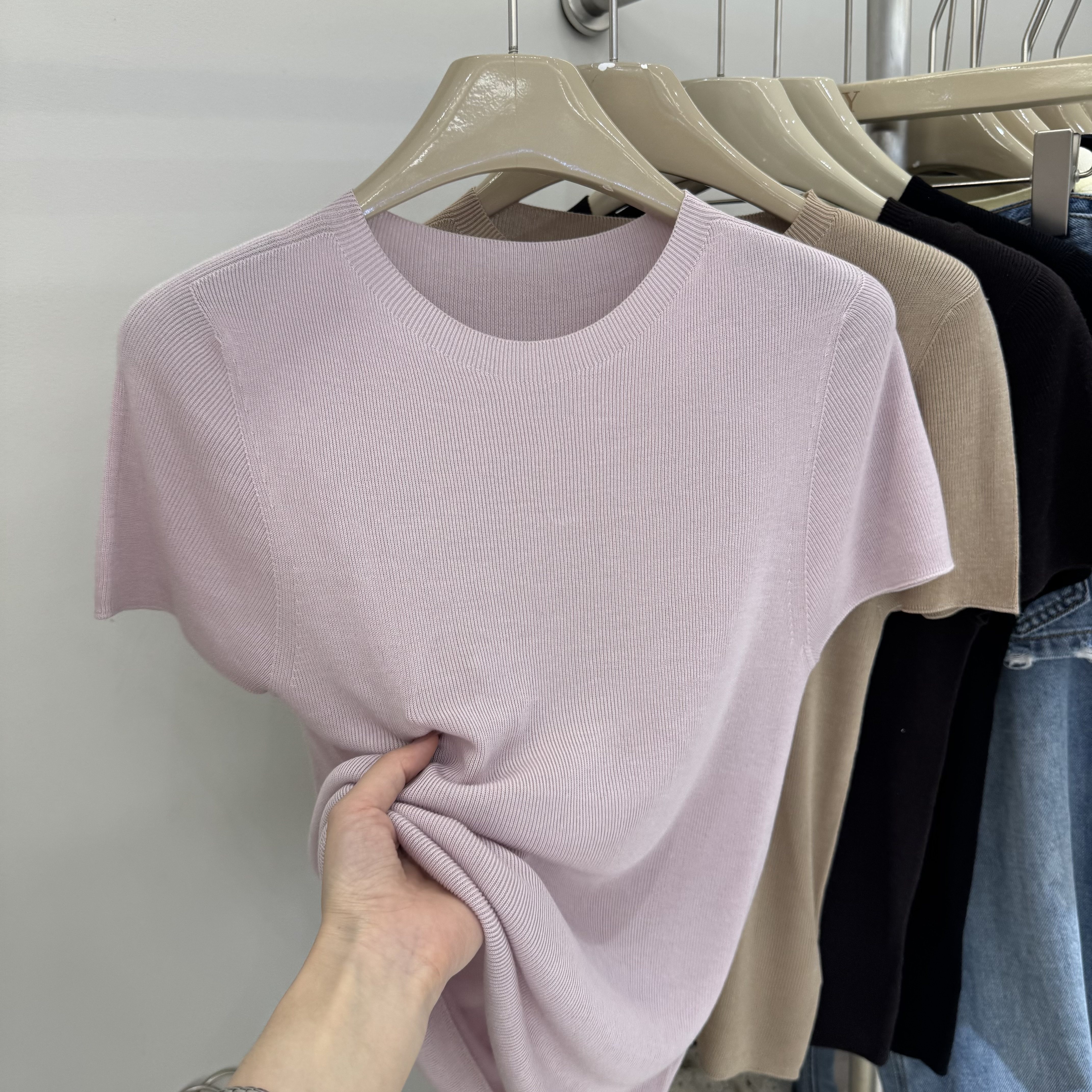 圆领短袖针织衫女显瘦毛衣上衣冰丝薄款亚麻夏季时尚设计感纯色潮