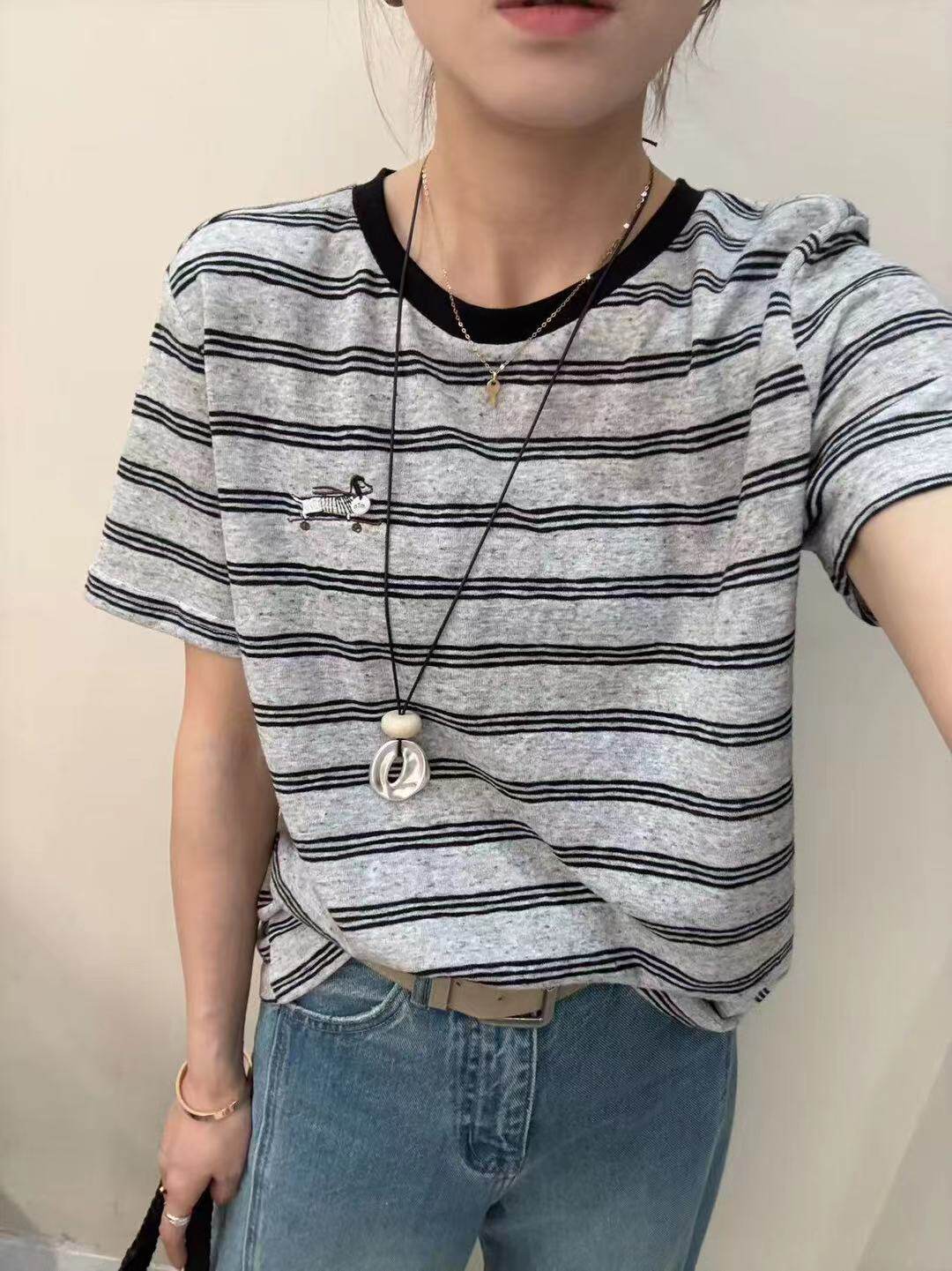 2026春装新款韩系卡通刺绣圆领条纹短袖T恤女宽松百搭上衣打底衫