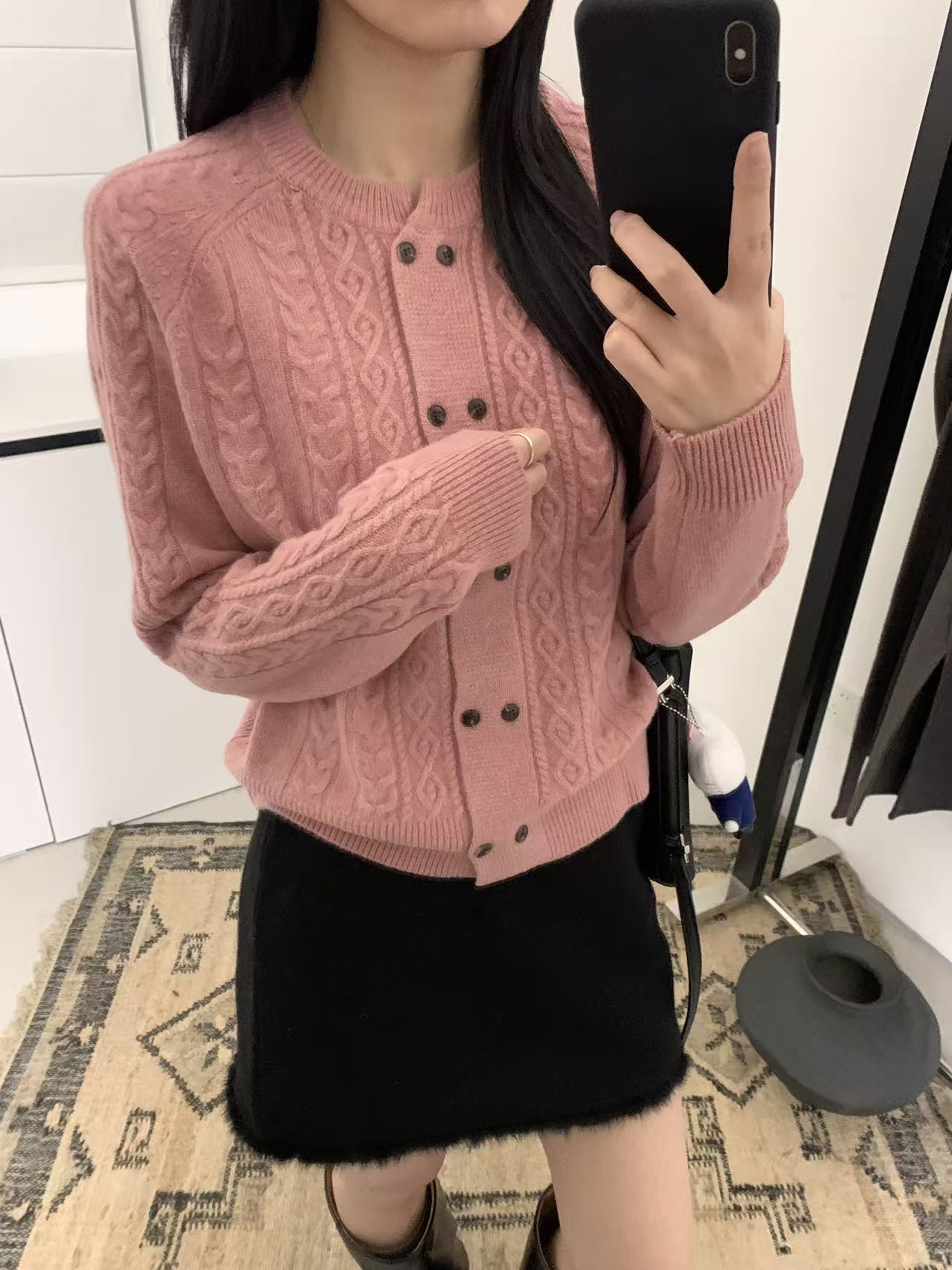 3375正品圆领麻花纹针织开衫女2025冬季单排扣显瘦百搭毛衣外套