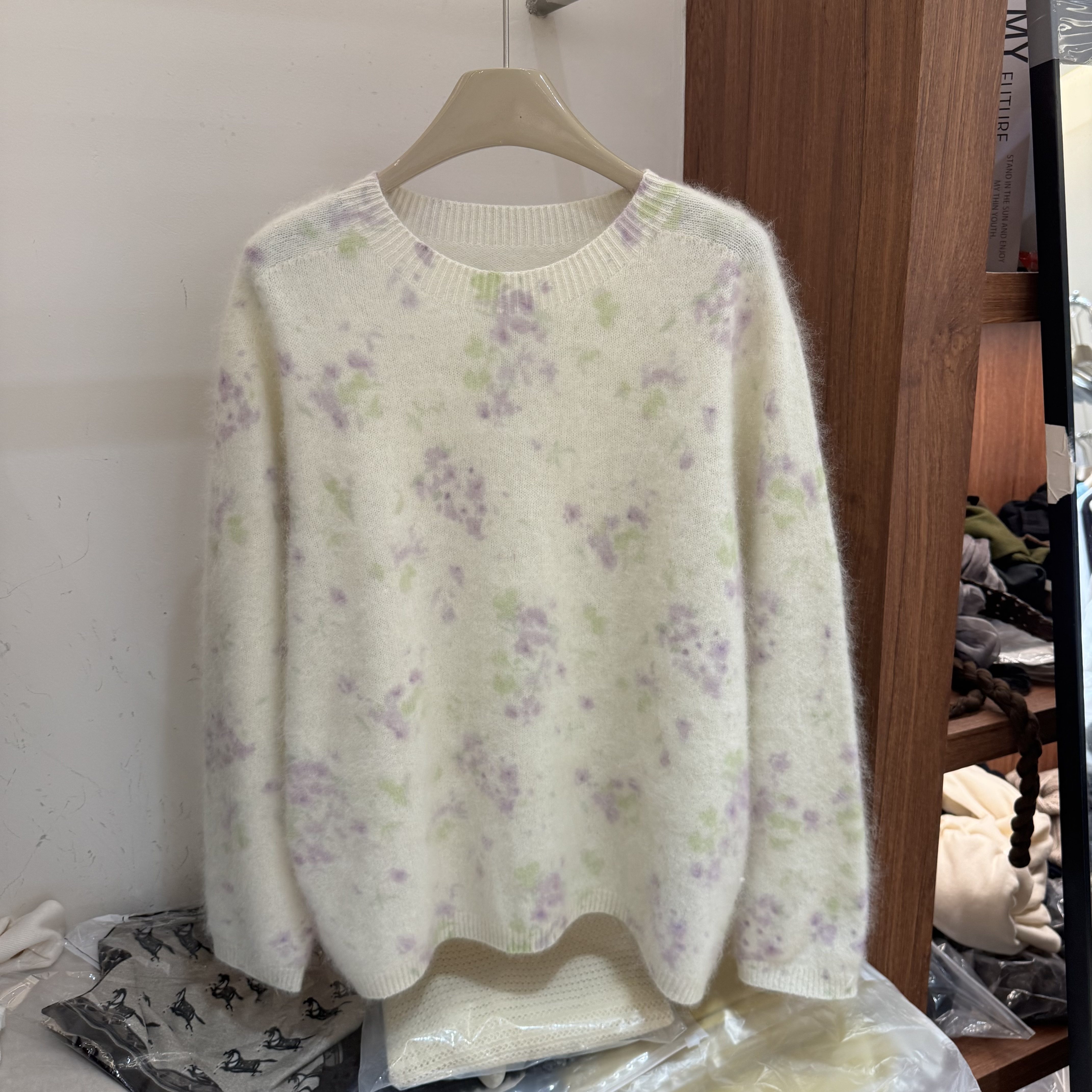 田园风软糯慵懒紫色碎花圆领拉毛针织衫女套头温柔百搭毛衣9651