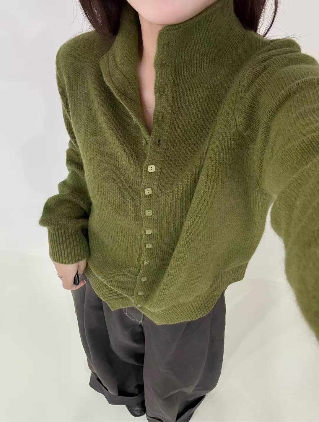 7150半高领蜜熊绒羊毛衫单排多扣百搭针织衫长袖上衣开衫女秋新款