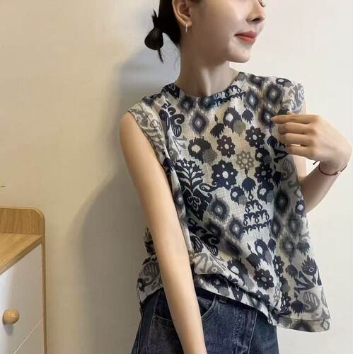 HMY涵米亚32577正品2026复古印花无袖T恤女夏季宽松版型圆领上衣