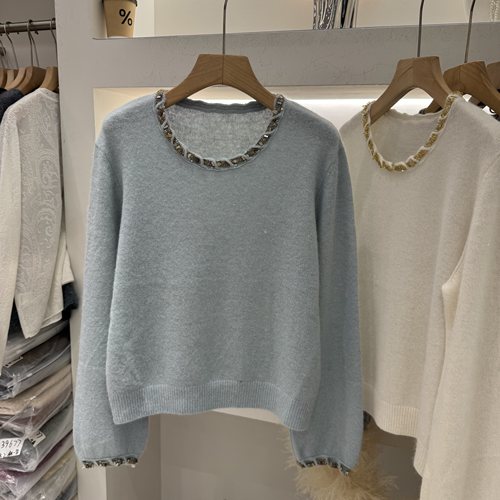 蜜熊绒摒珠片8676韩系温柔风圆领毛针织衫女秋冬软糯套头毛衣打底