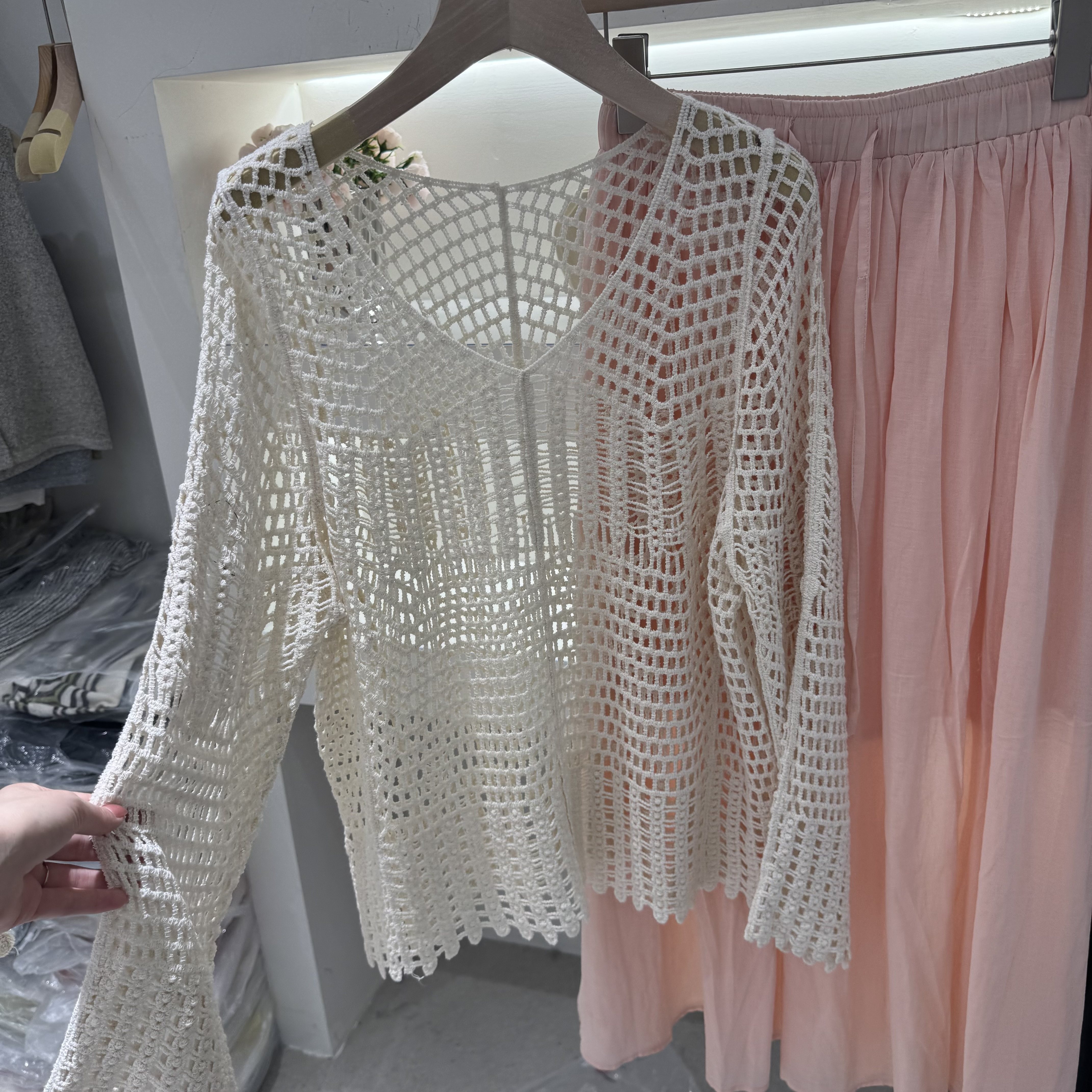 森系女孩~钩花V领长袖镂空针织罩衫显瘦百搭套头外搭波西米亚上衣