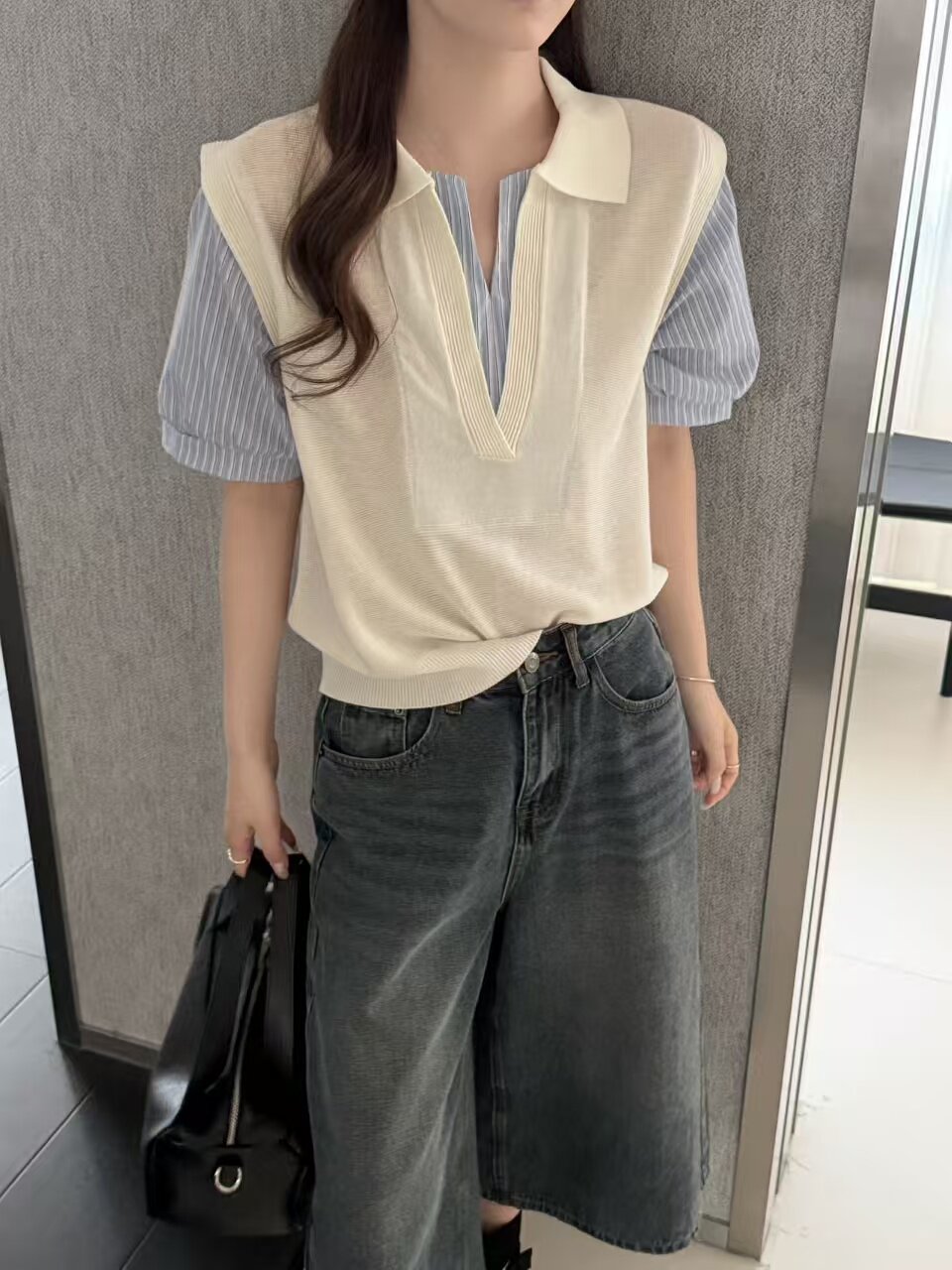 老钱风polo领条纹假两件短袖针织衫2026春季新款女欧洲站减龄上衣