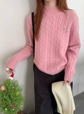 5259正版冬季新款韩系小立领小马刺绣设计麻花纹羊毛针织衫毛衣女