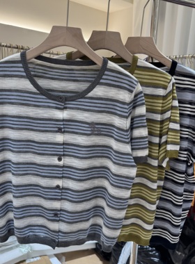 63519圆领条纹短袖针织开衫女显瘦百搭毛衣上衣时尚动物刺绣冰丝