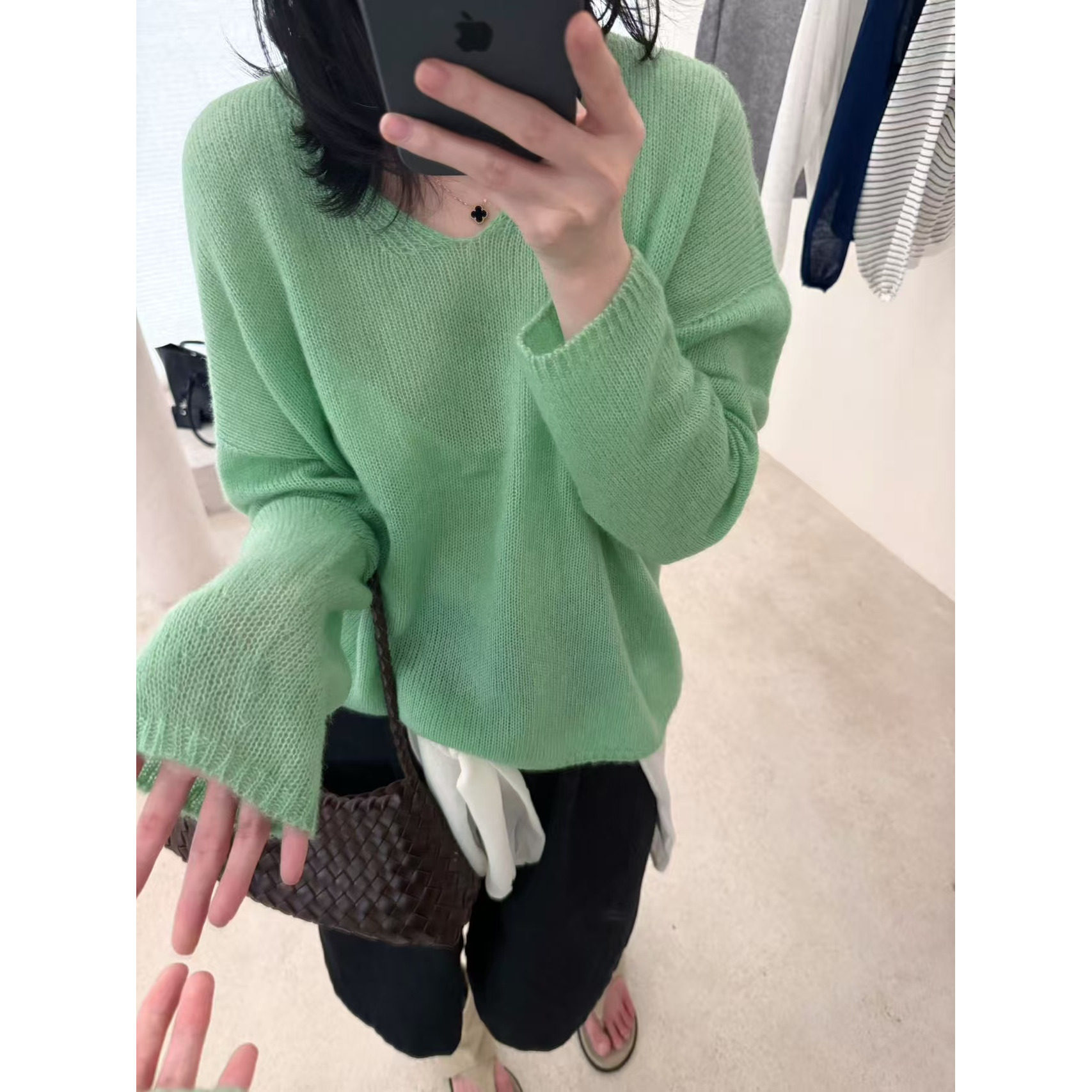 高质感韩系春款baby羊驼毛V领针织衫无缝一体慵懒风简约毛衣9816