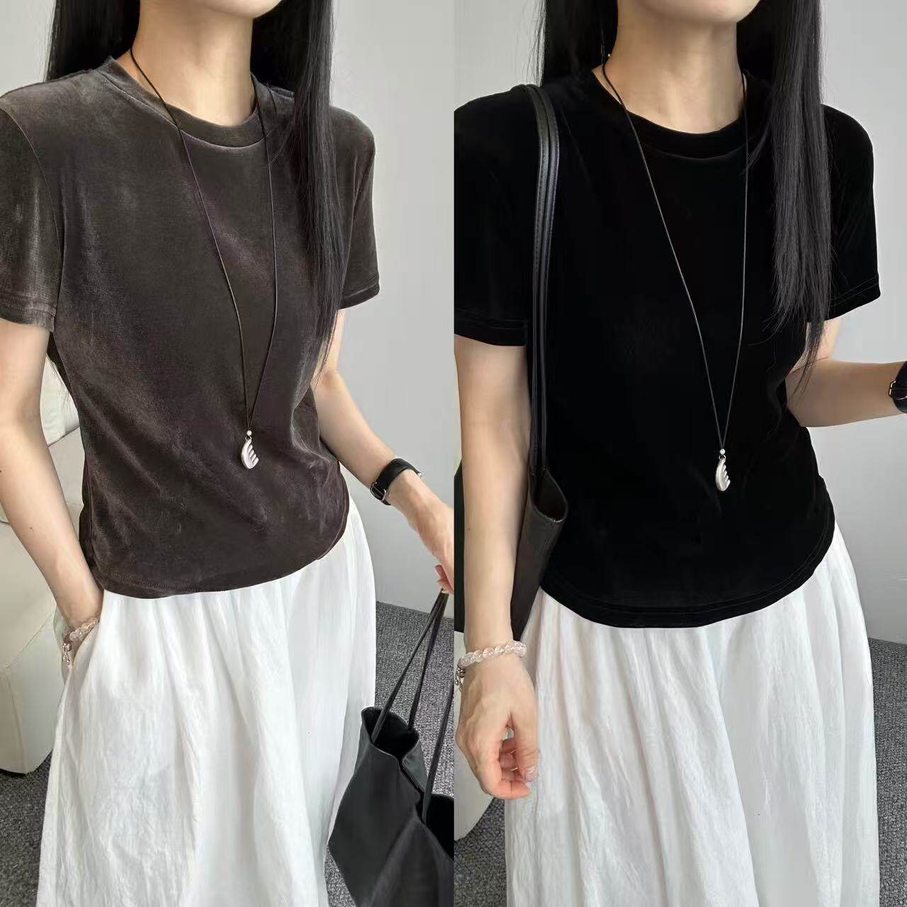 七彩T624正品2026夏新品圆领小个子短款修身显瘦丝绒短袖T恤衫女