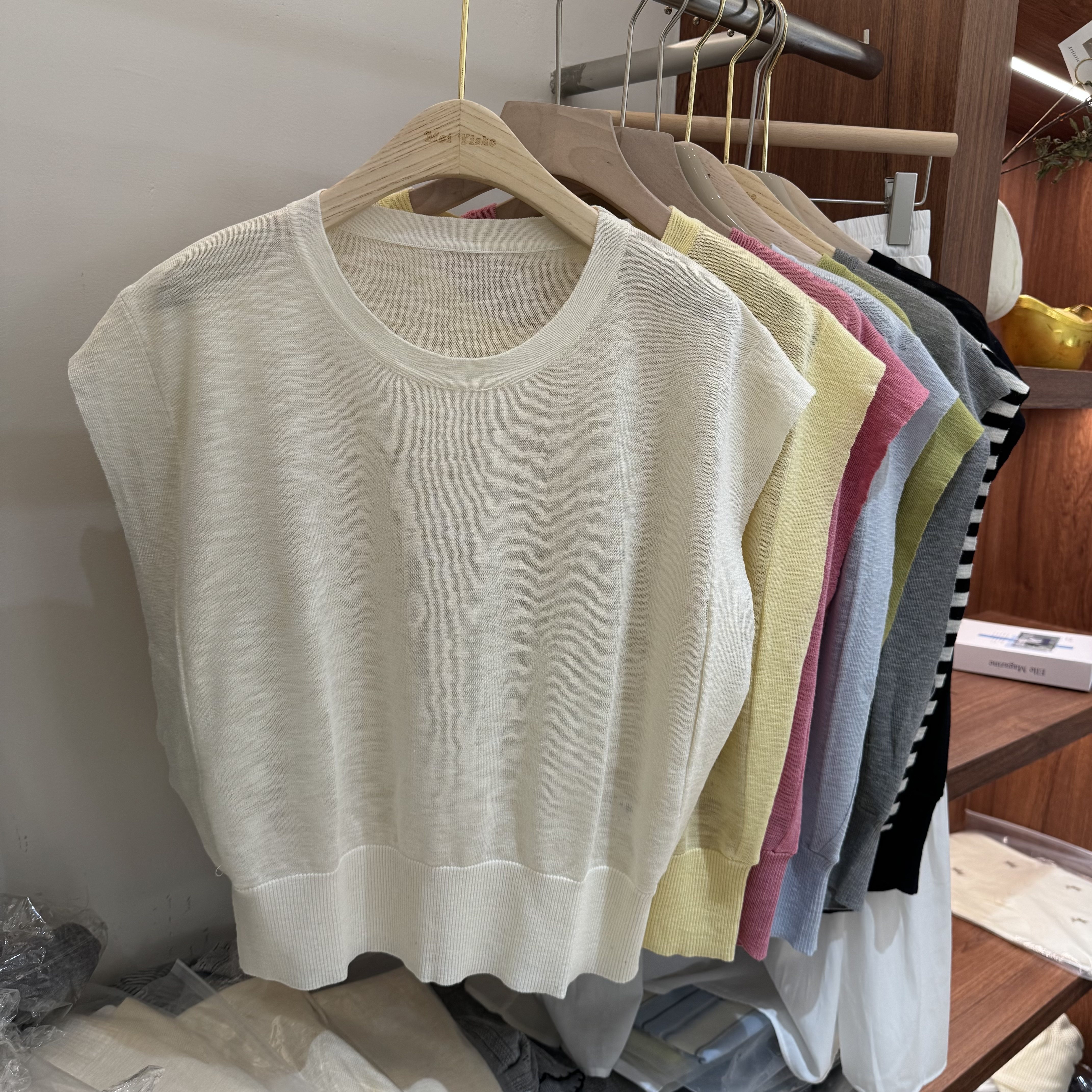 圆领无袖针织衫女显瘦毛衣上衣冰丝亚麻夏季套头薄款飞飞袖背心潮