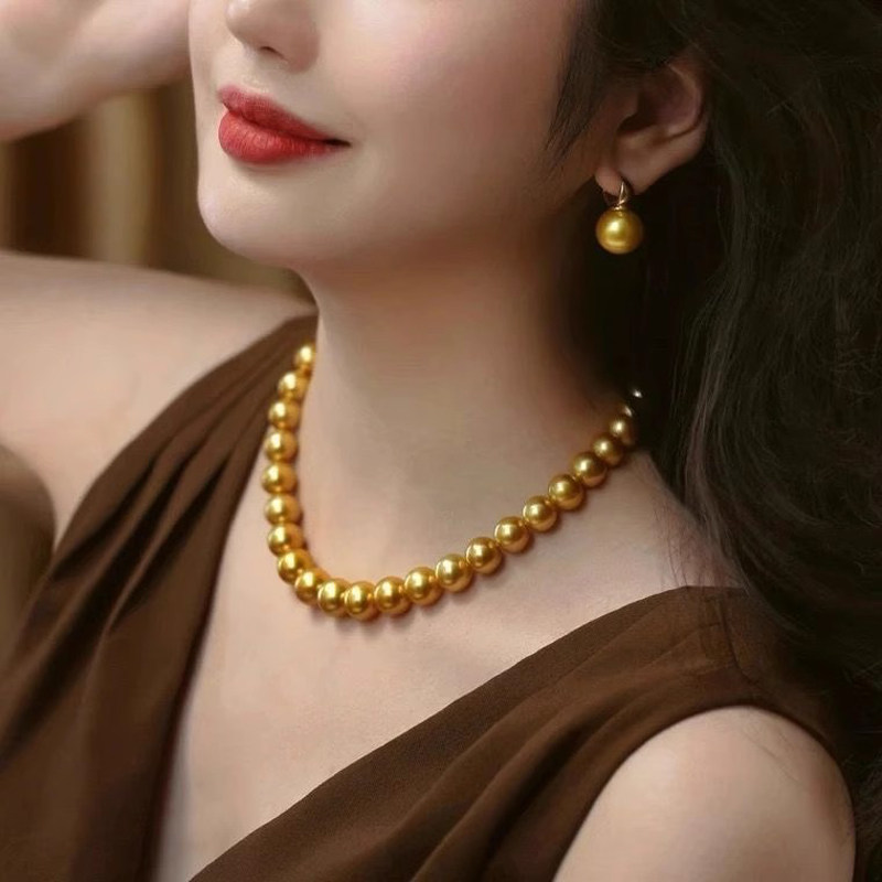 菲律宾南洋金珠项链深海母贝金珍珠项链浓金珍珠锁骨链女茶金珍珠